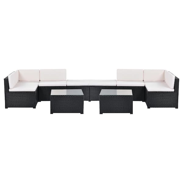 FORCLOVER 10-Piece Wicker Patio Conversation Furniture Corner Sofa Set with Beige Cushions 2 Ottoman and 2 Glass Coffee Table