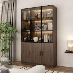 78.7 in. Tall Brown Wood 10-Shelf Standard Bookcase Bookshelf With Glass Doors, LED Lights, Drawers, Adjustable Shelves