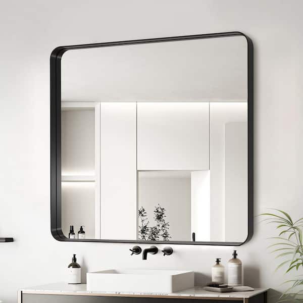 38 in. W x 38 in. H Rectangular Framed Wall Bathroom Vanity Mirror in Black