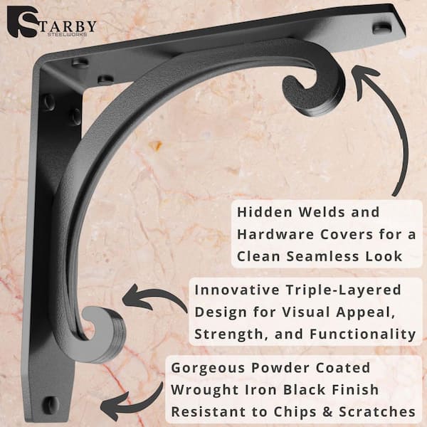 Glarks 2-Pack 8-Inch Black Decorative Shelf Brackets – Heavy Duty Cast Iron L-Shape Corner Brace For Floating Shelves, Holds 120 Lbs