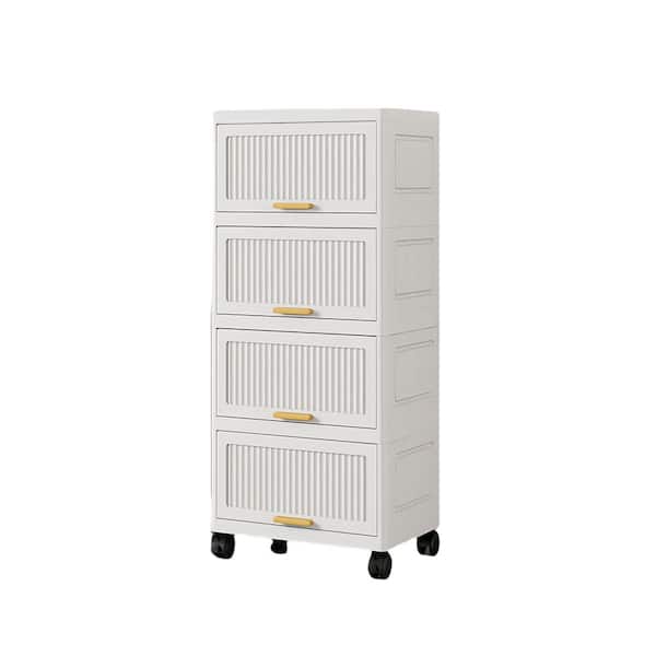 FUNKOL 10 in. W x 15 in. D x 38 in. H Ready to Assemble Floor Base 4-Layers Flip Open Storage Kitchen Cabinet White with Wheels