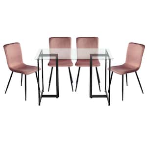 Slip Scargill Rose 5-Pcs Dining Set with Glass Top Black Leg Table and Velvet Upholstered Chairs