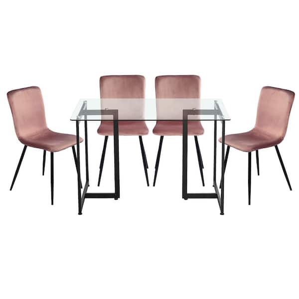 Homy Casa Slip Scargill Rose 5-Pcs Dining Set with Glass Top Black Leg Table and Velvet Upholstered Chairs