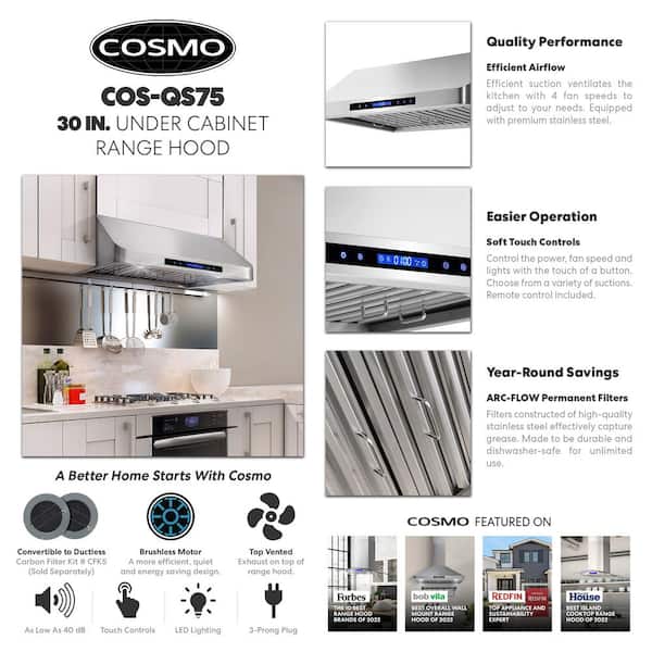 COSMO 5U30 30 in. Under Cabinet Range Hood with Ducted/Ductless Convertible  (Kit Not Included), Slim Kitchen Over Stove Vent, 3 Speed Exhaust Fan,  Reusable Filter, LED Lights in Stainless Steel