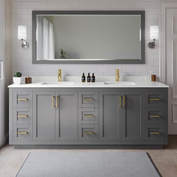 Wyndham Collection Miranda 84 in. W x 22 in. D x 33.75 in. H Double Bath Vanity in Dark Gray with White Quartz Top and 70 in. Mirror