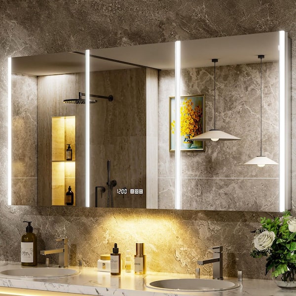 Aura 72 in. W x 30 in. H Rectangular Aluminum Surface/Recessed Wall Medicine Cabinet with Mirror and Light, Dimmable