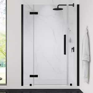 Tampa 48 in. L x 36 in. W x 75 in. H Alcove Shower Kit w/ Pivot Frameless Shower Door in Black w/Shelves and Shower Pan