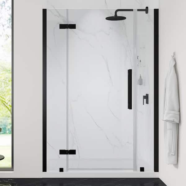 OVE Decors Tampa 48 in. L x 36 in. W x 75 in. H Alcove Shower Kit w/ Pivot Frameless Shower Door in Black w/Shelves and Shower Pan