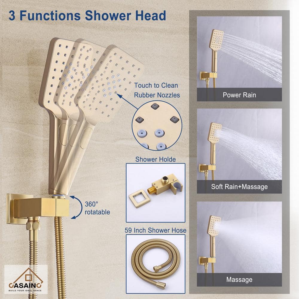 Brushed Gold 10" Square Rainfall Shower System with Handheld
