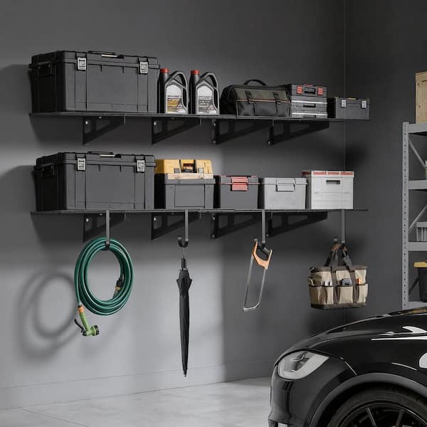 2-Tier 24.21 in. W x 71.26 in. D Black Steel Garage Wall Shelf, Wall-Mounted Storage Rack with Hooks, 1000 lbs. Capacity