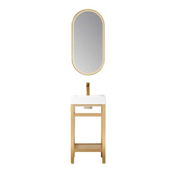 ROSWELL Ablitas 18 in. W x 18 in. D x 34 in. H Single Sink Bath Vanity in Brushed Gold with White Composite Stone Top and Mirror