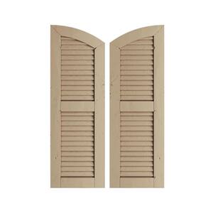 12 in. x 24 in. Polyurethane Knotty Pine Two Equal Louver w/Elliptical Top Faux Wood Shutters (Per Pair), Primed Tan