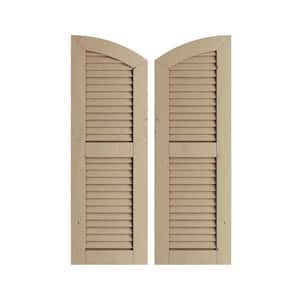 12 in. x 44 in. Polyurethane Knotty Pine Two Equal Louver w/Elliptical Top Faux Wood Shutters (Per Pair), Primed Tan