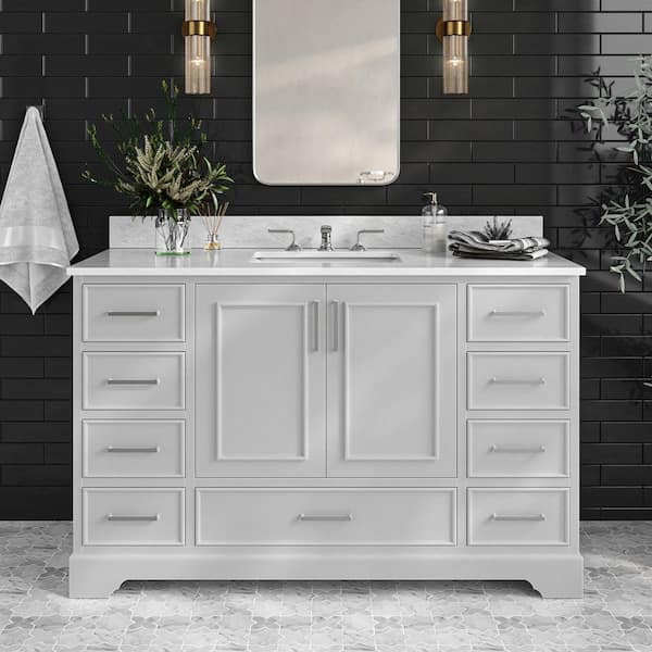 ARIEL Stafford 55 in. W x 22 in. D x 35.25 in. H Single Sink Freestanding Bath Vanity in Grey with Carrara White Marble Top