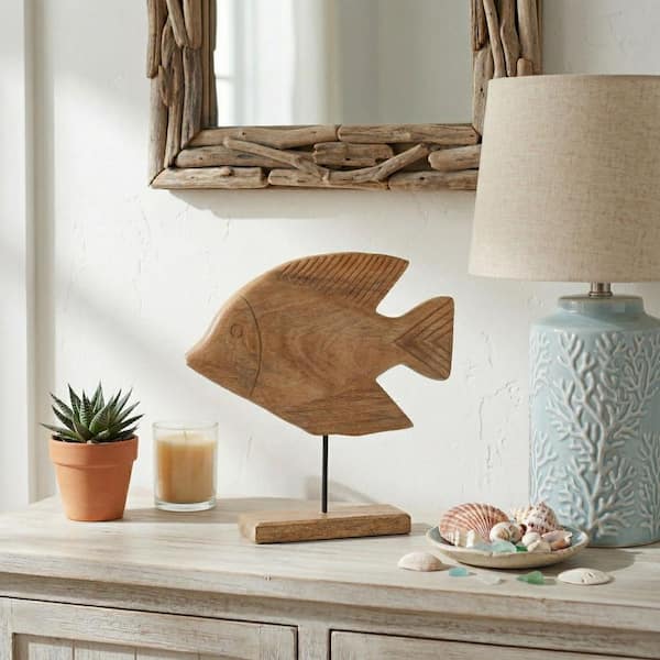 Brown 15.5 in. x 15 in. Wood Handcrafted Fish on Base Sculpture