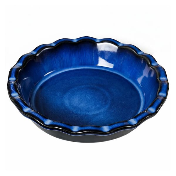 9 in. Deep Dish Ceramic Pie Pan with Reactive Glaze, Non-Stick, Oven and Dishwasher Safe, Ruffled Edges (Blue)