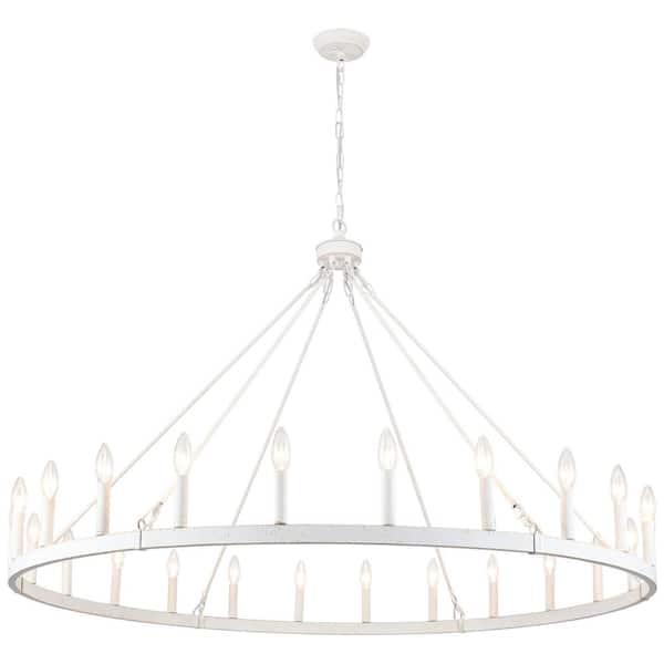 24-Light Distressed White Farmhouse Wagon Wheel Candlestick Chandelier