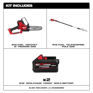 M18 Fuel 18-Volt Lith-Ion Brushless 8 in. Hatchet Pruning Saw M18 FUEL Telescoping Pole Saw, 2 M18 Forge 8.0 Ah Battery