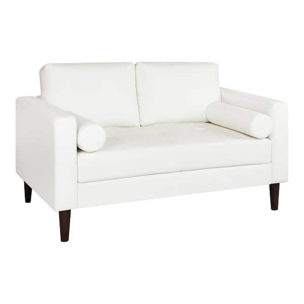 Modern Mid-Century Upholstered Sofa White & Gray Linen Brushed Microfiber  Leather Sofa