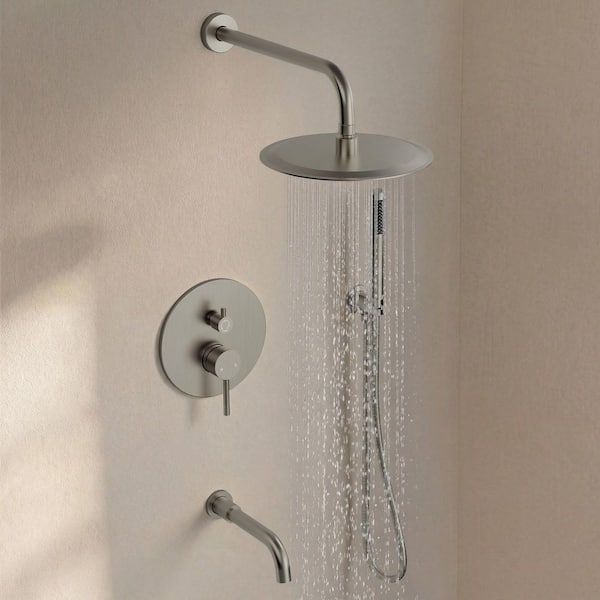 10 in. 3-Spray Wall Mount Round High Pressure Dual Fixed and Handheld Shower Head in Brushed Nickel Valve Included