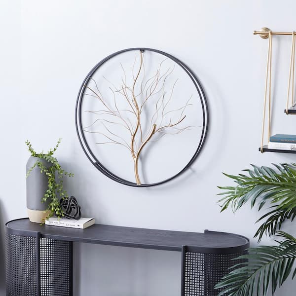 Litton Lane 26 in. x 26 in. Metal Gold Branch Tree Wall Decor with Black Frame