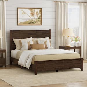 Echo 60 in. W Rustic Dark Brown Walnut Solid Wood Frame Queen Size Platform Bed Frame with Wooden Headboard Bed Frame