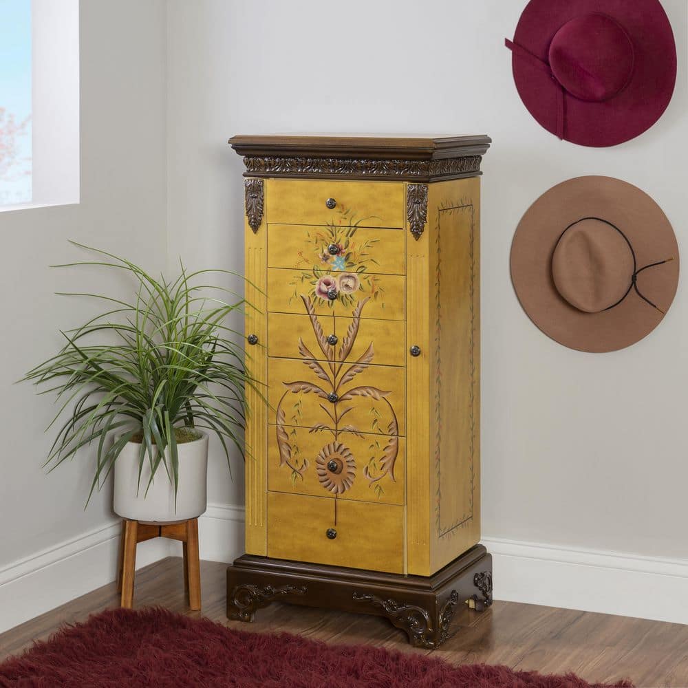 Antique Parchment Hand-Painted Floral Jewelry Armoire with Mirror