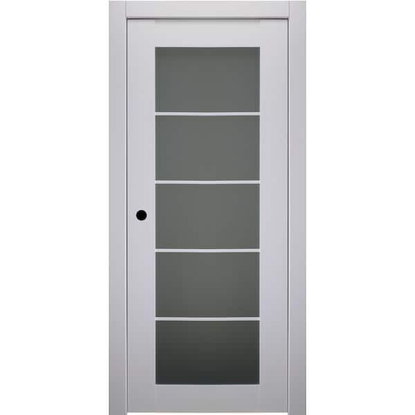 36 in. x 80 in. Smart Pro Polar White Right-Hand Solid Core Wood 5-Lite Frosted Glass Single Prehung Interior Door