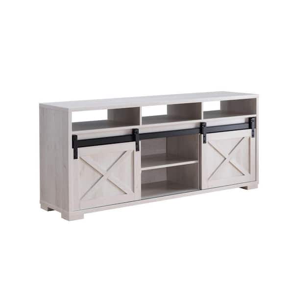 Benjara 15.43 in. Oak White TV Media Entertainment Console Fits TV's up to 58 in. with 2 Slider Barn Doors