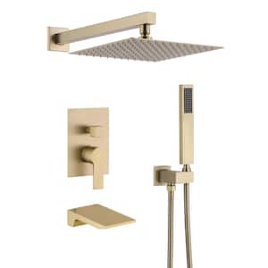 12 in. Single Handle 2-Spray Round Rainfall Spout & Dual Shower Heads Shower Faucet 2 GPM with Waterfall in Brushed Gold