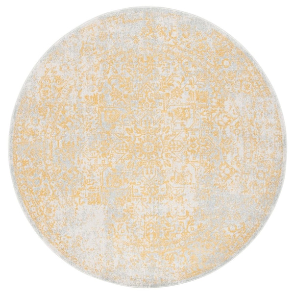 Evoke 5 ft. x 5 ft. Round Ivory/Gold Distressed Border Medallion Area Rug