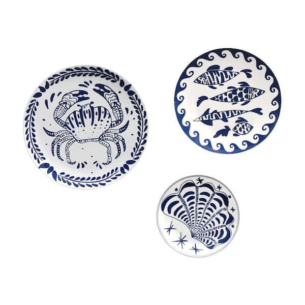 Blue/White Coastal Ceramic Round 0.75 in. Ceramic Wall Plates, Pack of 3, Chinoiserie Vintage Beach Blue House Decor