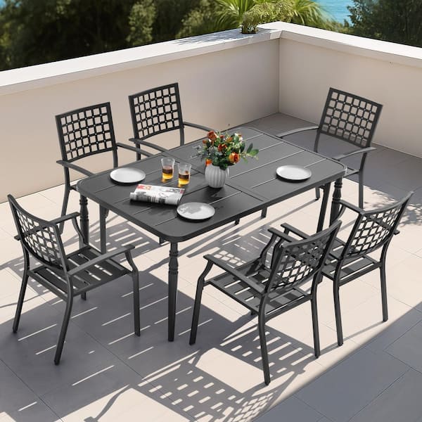 Black 7-Piece Metal Rectangle Outdoor Dining Set with 6 Stackable Chairs and Umbrella Hole