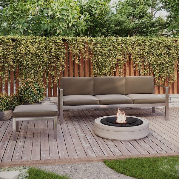 Clihome 3-Piece All Aluminum Outdoor 3-Person Sofa and Floor Mat Sectional Set with Khaki Cushions