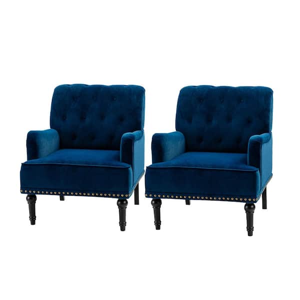 JAYDEN CREATION Enrica Navy Tufted Comfy Velvet Armchair with Nailhead Trim and Rubberwood Legs (Set of 2)