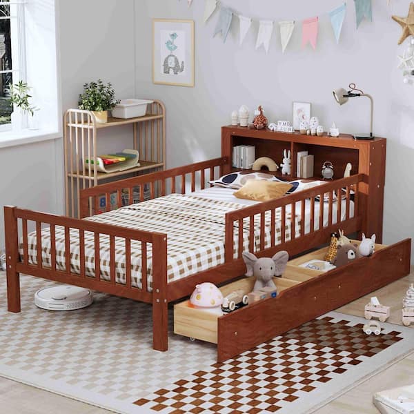 Walnut Brown Wood Frame Twin Upholstered Platform Bed with Headboard Storage Rack, 2-Drawers, 3-Side Guardrails