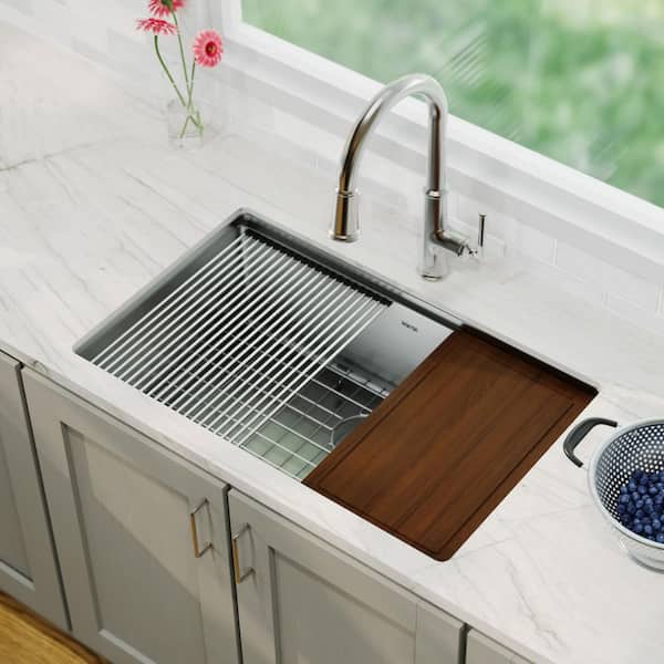 Karran 30 in. Undermount Single Bowl 16-Gauge Stainless Steel Workstation Kitchen Sink