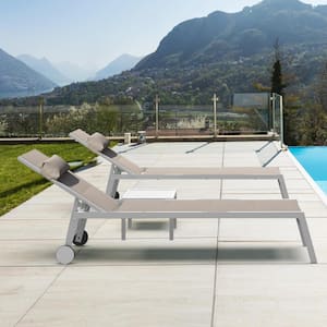 3-Piece Khaki Outdoor Adjustable Full Aluminum Chaise Lounge with Side Table