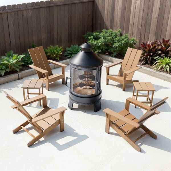 7-Piece Brown Weather-Resistant Classic HDPE Plastic Outdoor Adirondack Chair Set with a Wood Stove and 2 Side Tables