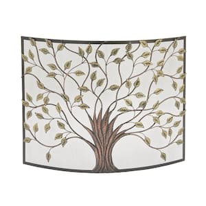 Bronze Metal 39 in. W Sculpted Tree Relief Single Panel Fireplace Screen with Curved Mesh Netting