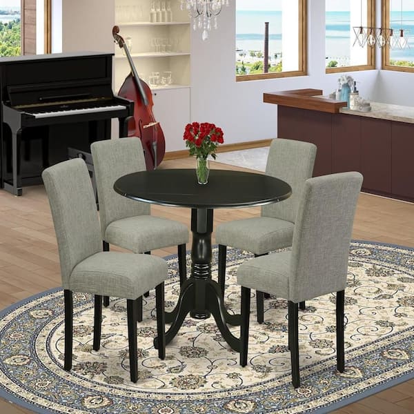East West Furniture 5-Piece Round Black Finish Solid Wood Top Dining Table with 4 Parson Chair with Drop Leaf Lattice Back