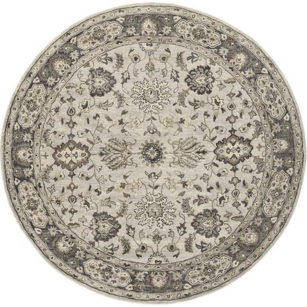 HomeRoots 8 ft. Round Gray, Ivory Floral Area Rug