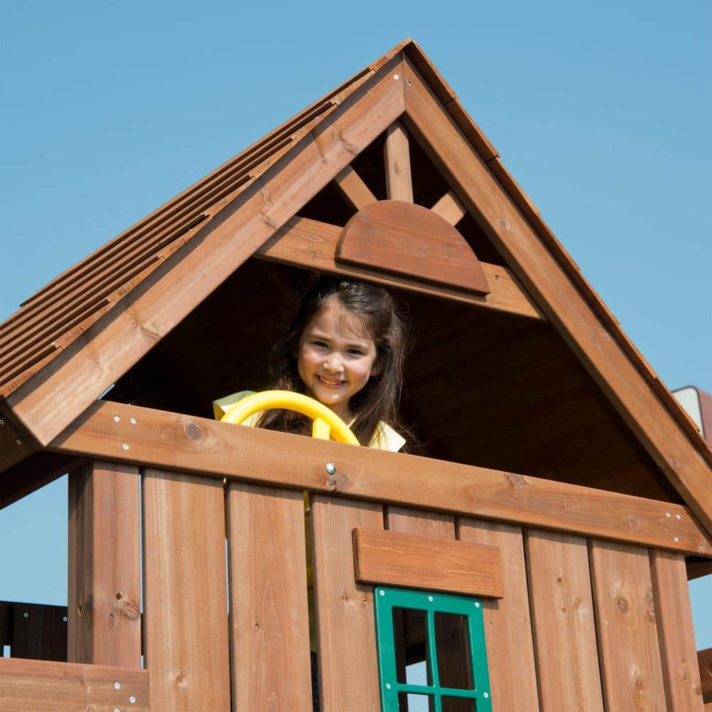Monteagle Wooden Outdoor Swing Set with Wave Slides and Swings