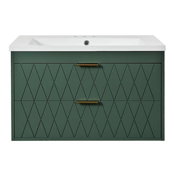 Nestfair 30 in. W x 18 in. D x 19 in. H Single Sink Wall Mounted Bath Vanity in Green with White Resin Top