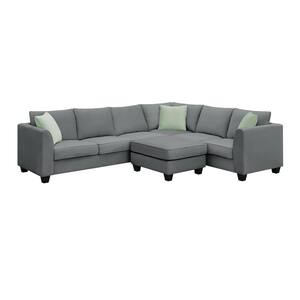 112 in. Polyester Sectional Sofa Couches in Grey Living Room Sets with Ottoman and 3-Pillows