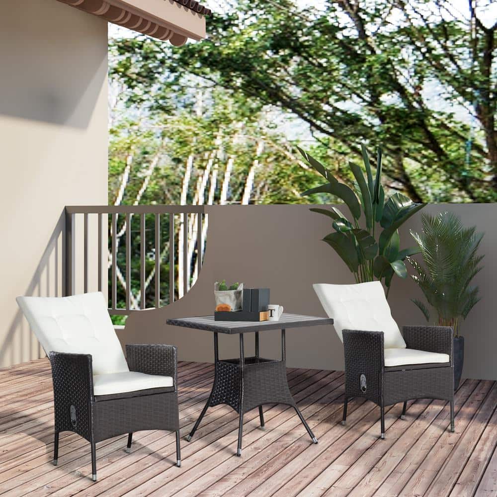 3-Piece Wicker Patio Conversation Set with Cushion Ajustable Backrest Chair