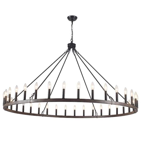 36-Light Matte Black/Wood Grain Classic Wagon Wheel Design Chandelier for Living Room with No Bulbs Included