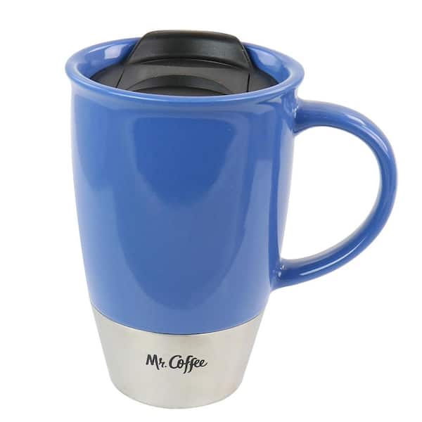 Mr. Coffee Coupleton Dot 4 Piece 15 Ounce Stoneware and Stainless Steel  Travel Mug Set with Lid in Blue