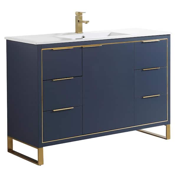 FINE FIXTURES Opulence 48 in. W x 18 in. D x 33.5 in. H Bath Vanity in Navy Blue with White Ceramic Top