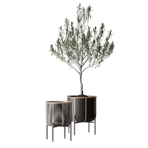 RGI Home 12.75 in. W and 10.75 in. W Indoor Outdoor Black Resin Rattan Planters with Metal Stands, (Set of 2) (Large and Medium)
